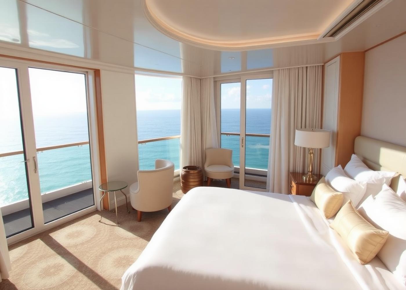 Ocean-view cruise cabin at sunrise