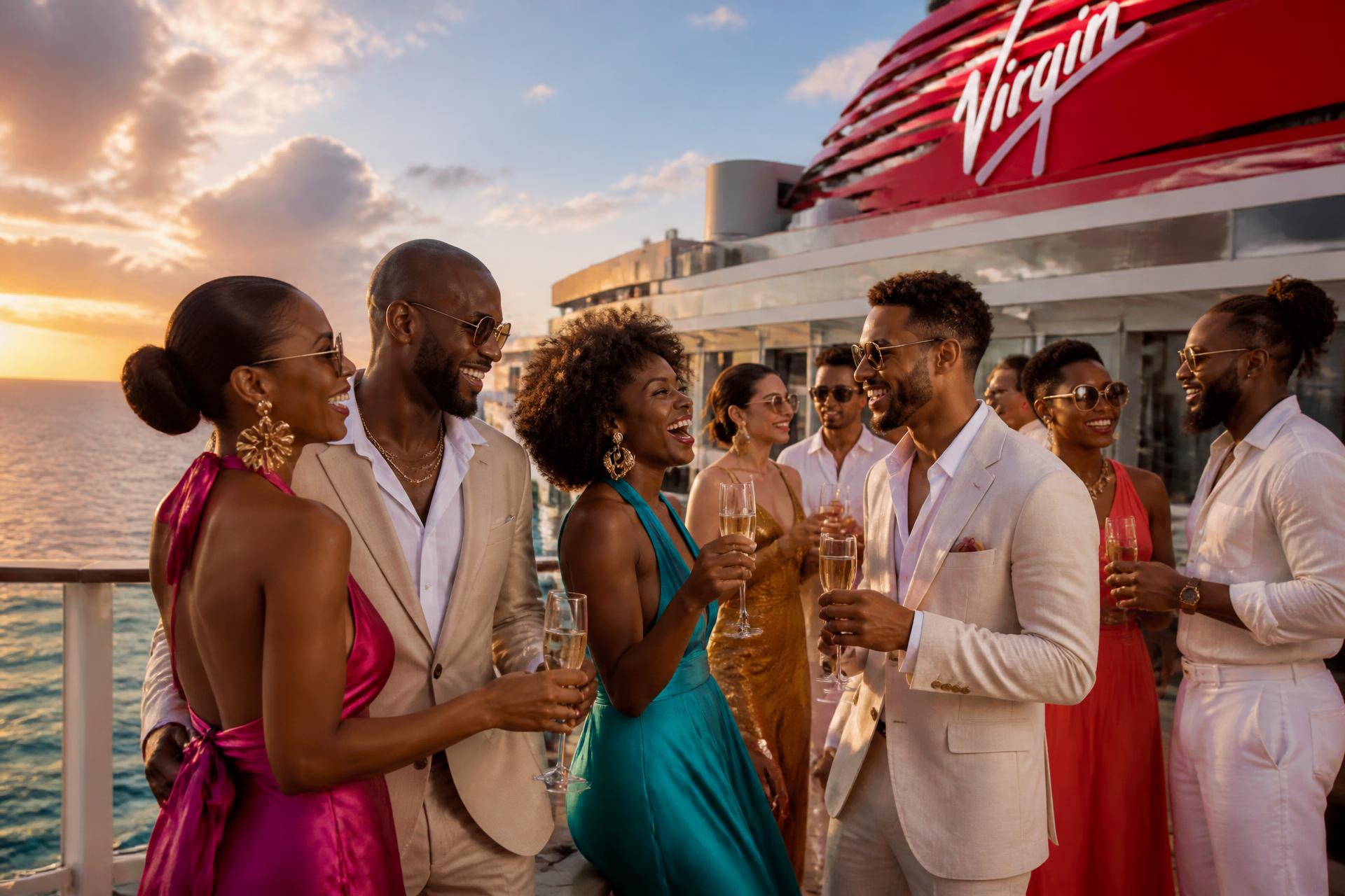 Stylish couples and friends toasting champagne on a Virgin Voyages cruise ship deck at sunset