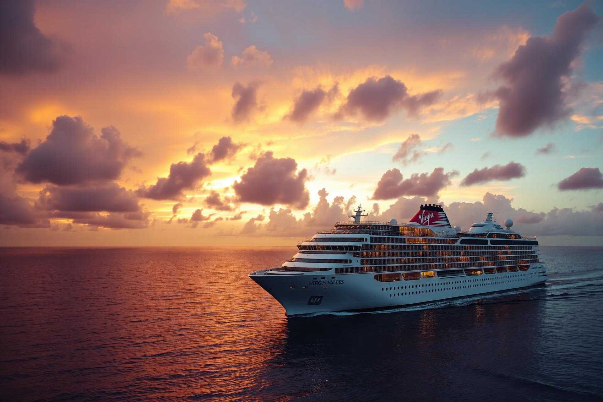 Virgin Voyages luxury cruise ship sailing into a Caribbean sunset